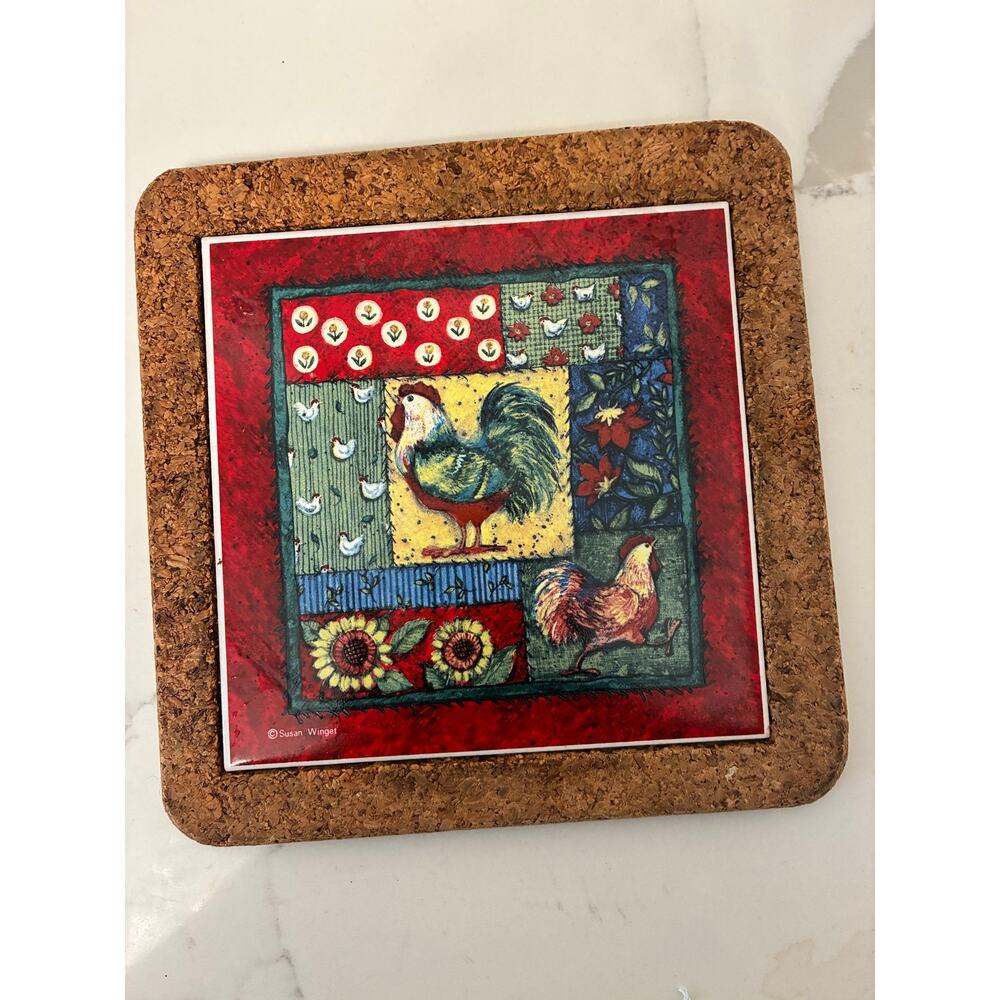 Trivet Wall Hanging Rooster Folk Art Ceramic Painted Tile Cottage Farmhouse